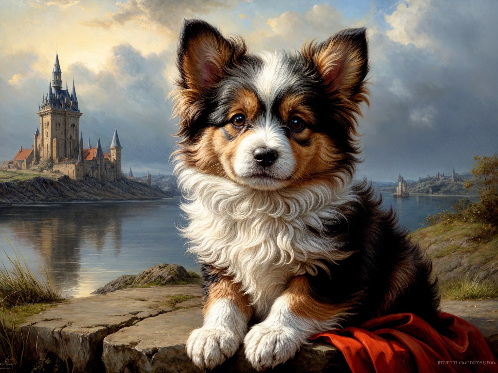 Fluffy Tri-Color Dog on Rocky Ledge with Castle View