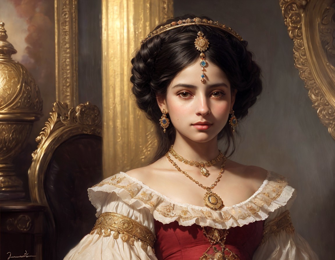 Elegant Young Woman in Historical Dress and Headpiece