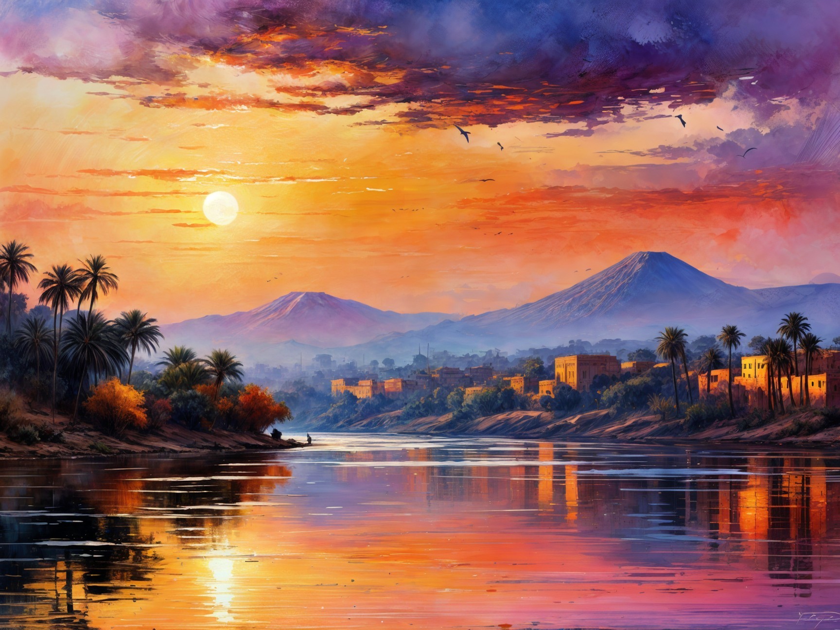 Vibrant Sunset Over Tranquil River and Silhouetted Palm Trees