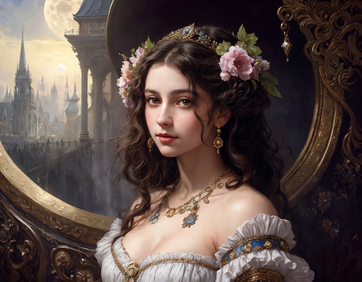 Intricate floral headdress and elegant jewelry on woman in fantastical setting