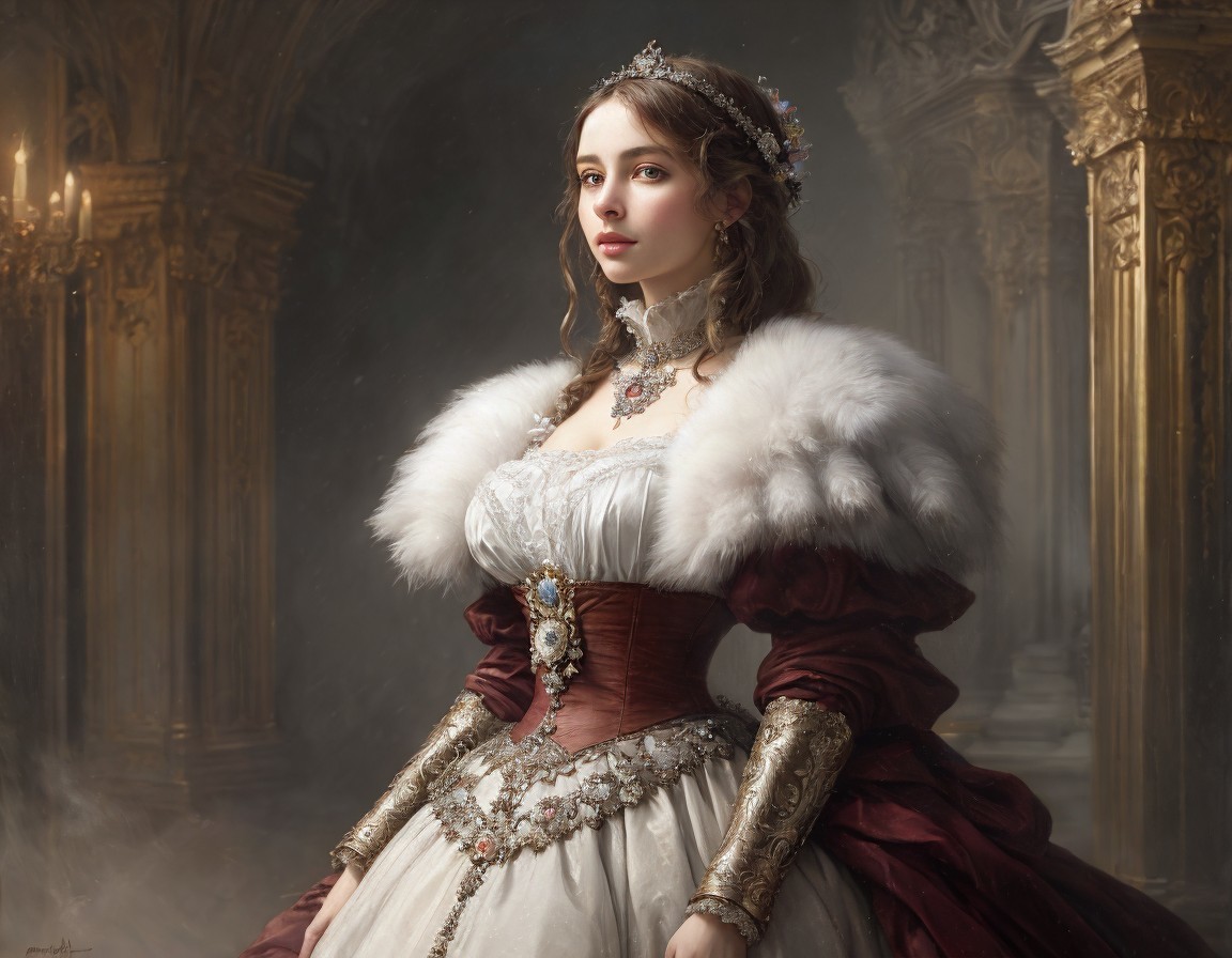 Regal woman in historical dress with fur stole and jewelry in grand room