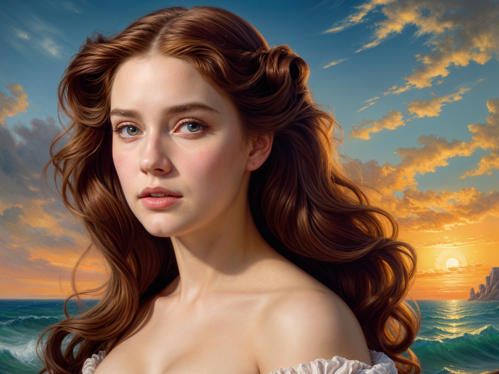 Young woman at sunset by the ocean with serene expression