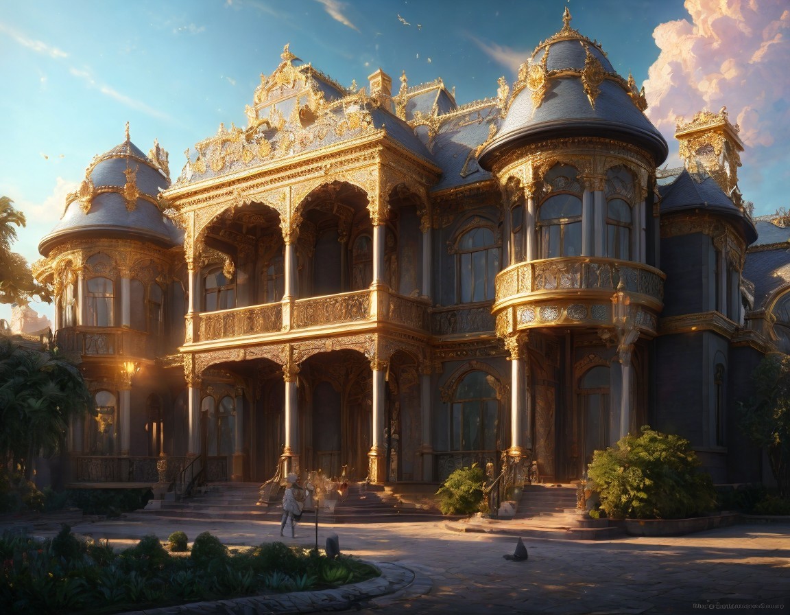 Ornate mansion with golden details and lush landscaping