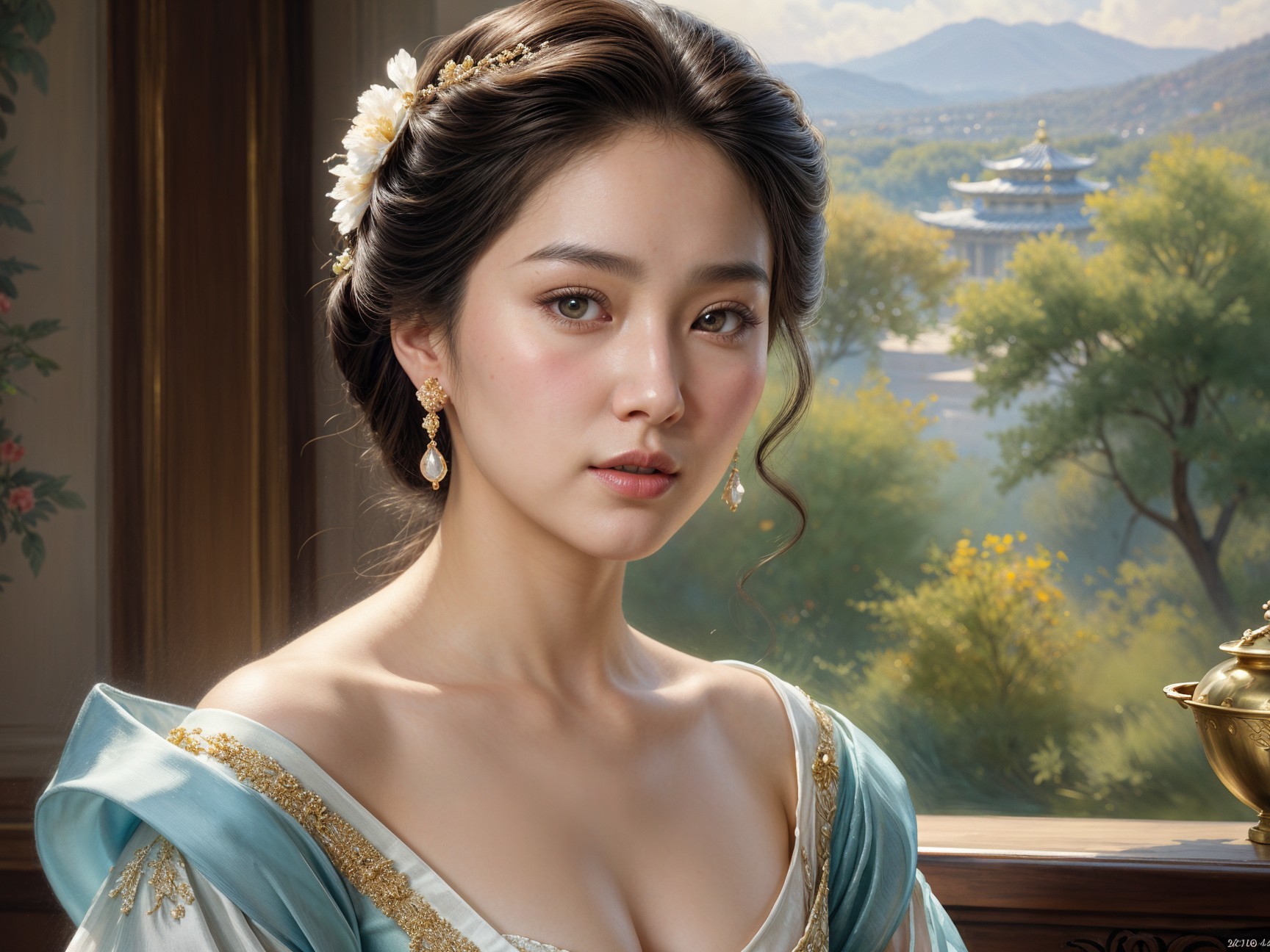 Young Woman in Elegant Blue Gown in Serene Room