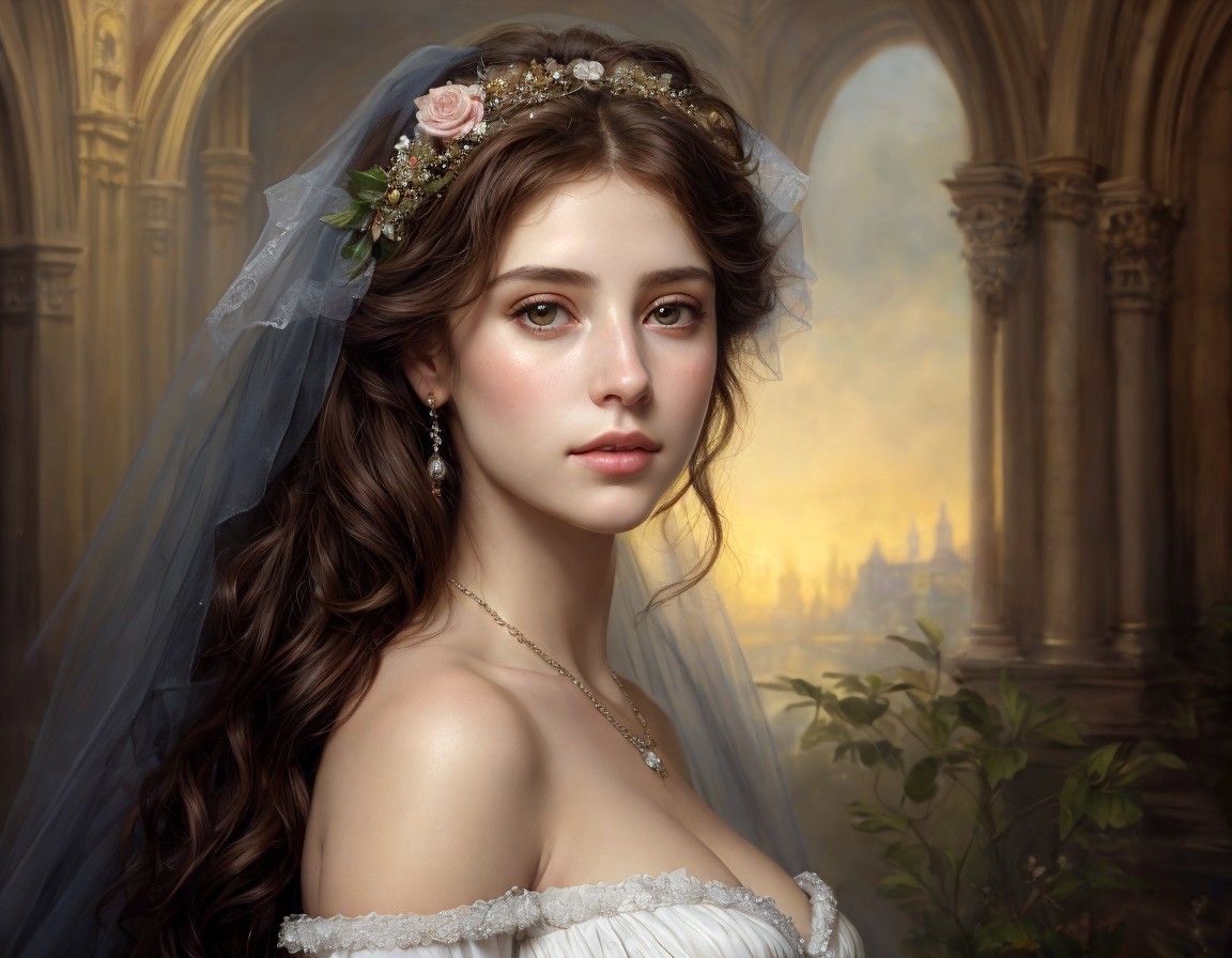 Young Woman in Wedding Dress with Floral Crown
