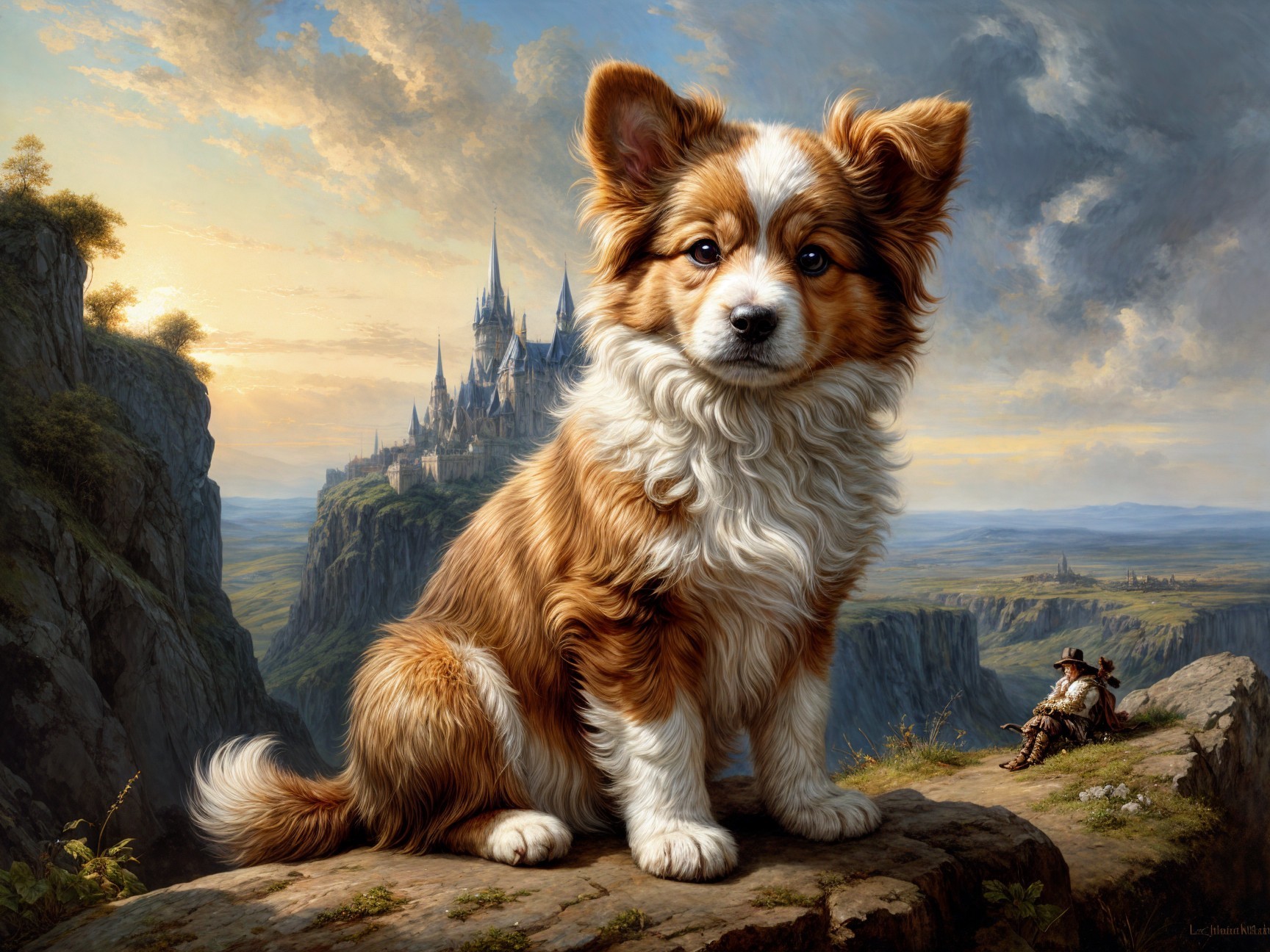 Fluffy Dog on Rocky Ledge with Scenic Landscape