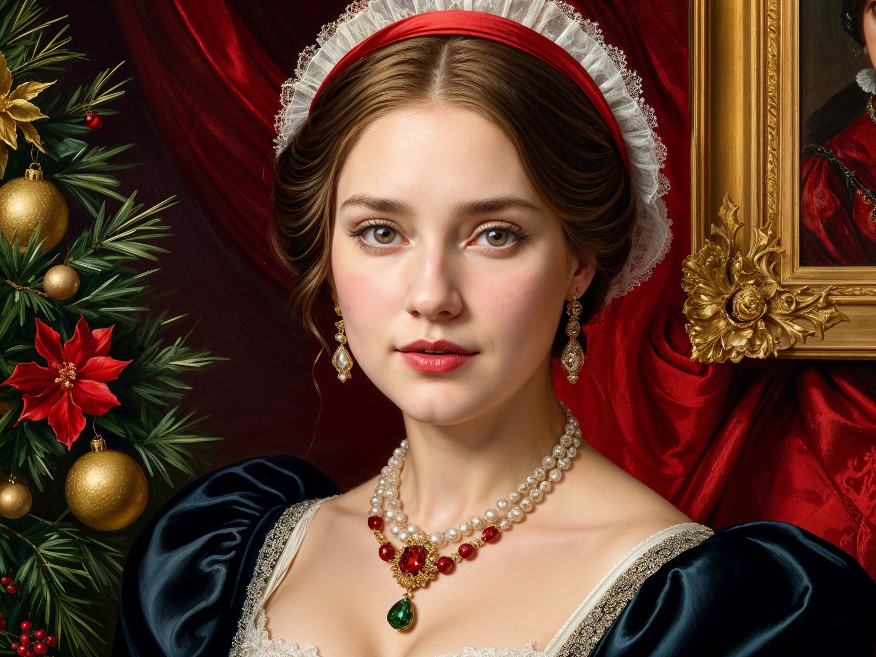 Elegant Woman in Luxurious Gown with Christmas Backdrop