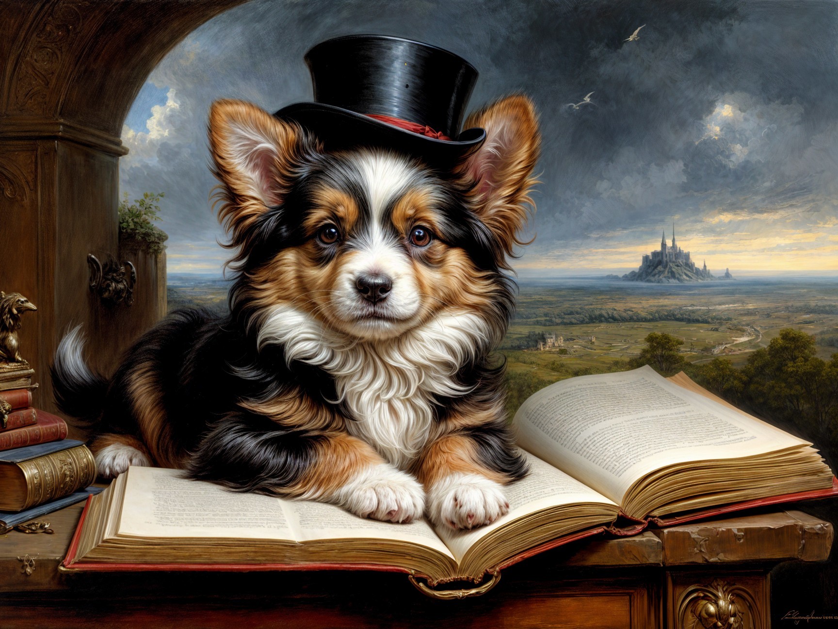 Corgi in Top Hat on Book with Scenic Background