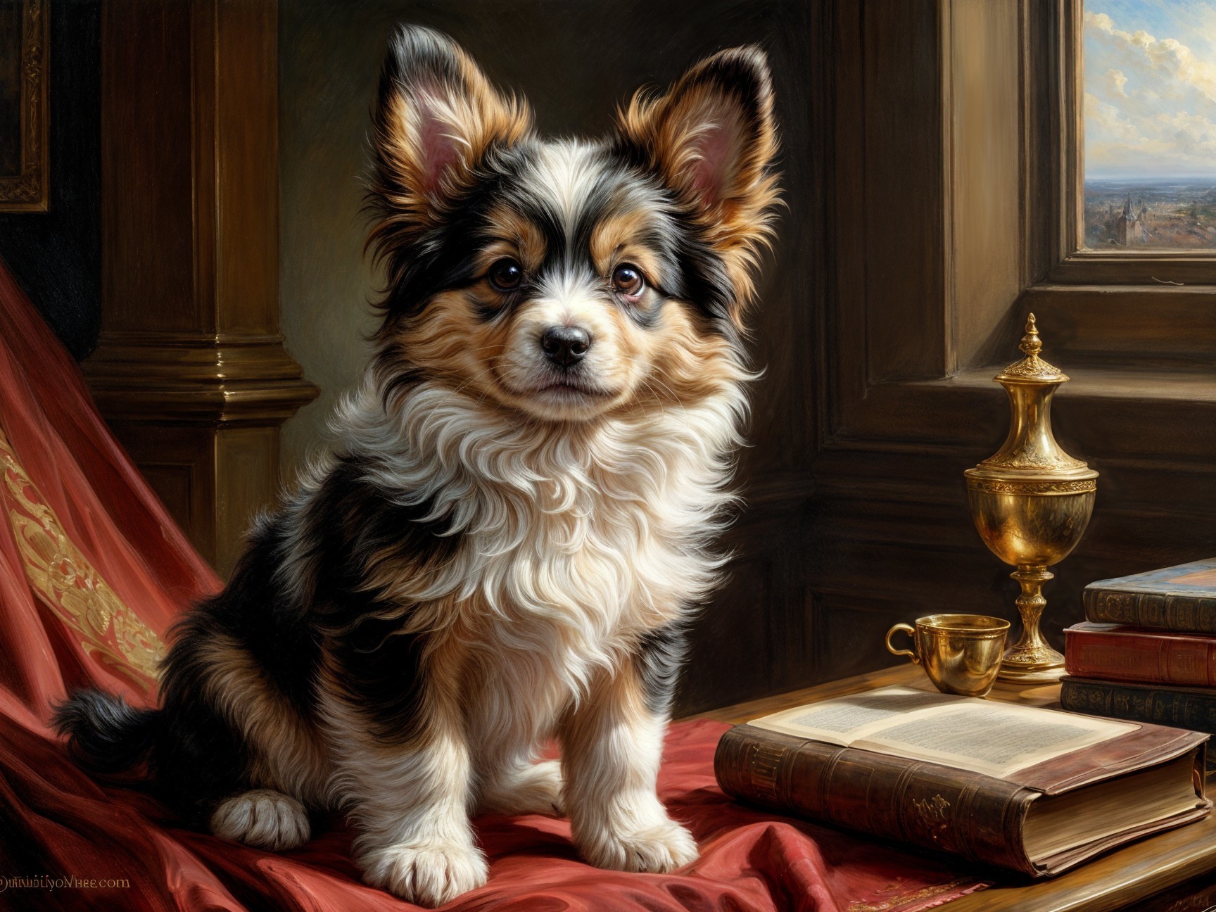 Fluffy puppy on red cloth with gold vase and books