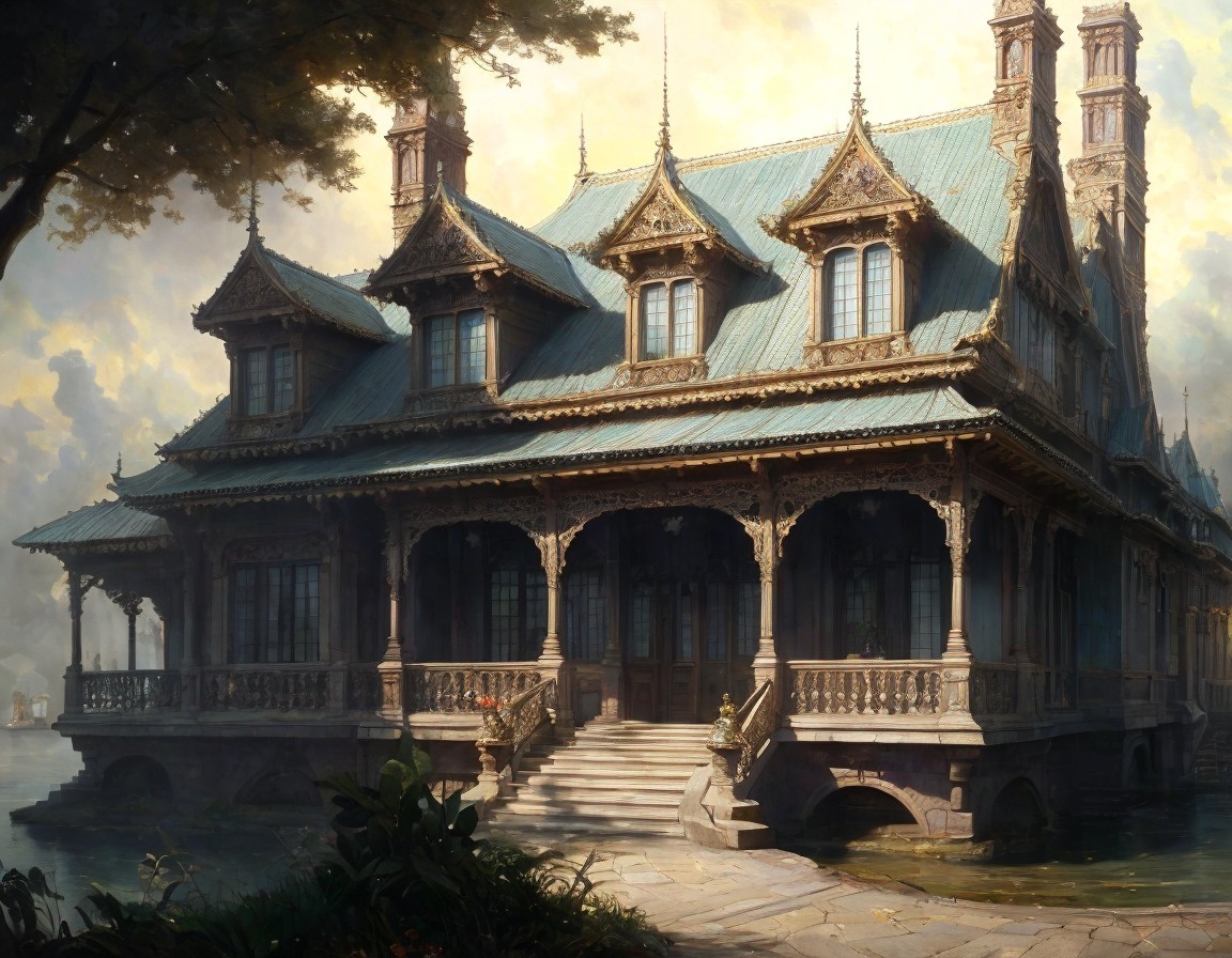 Victorian-style mansion by serene water with lush greenery