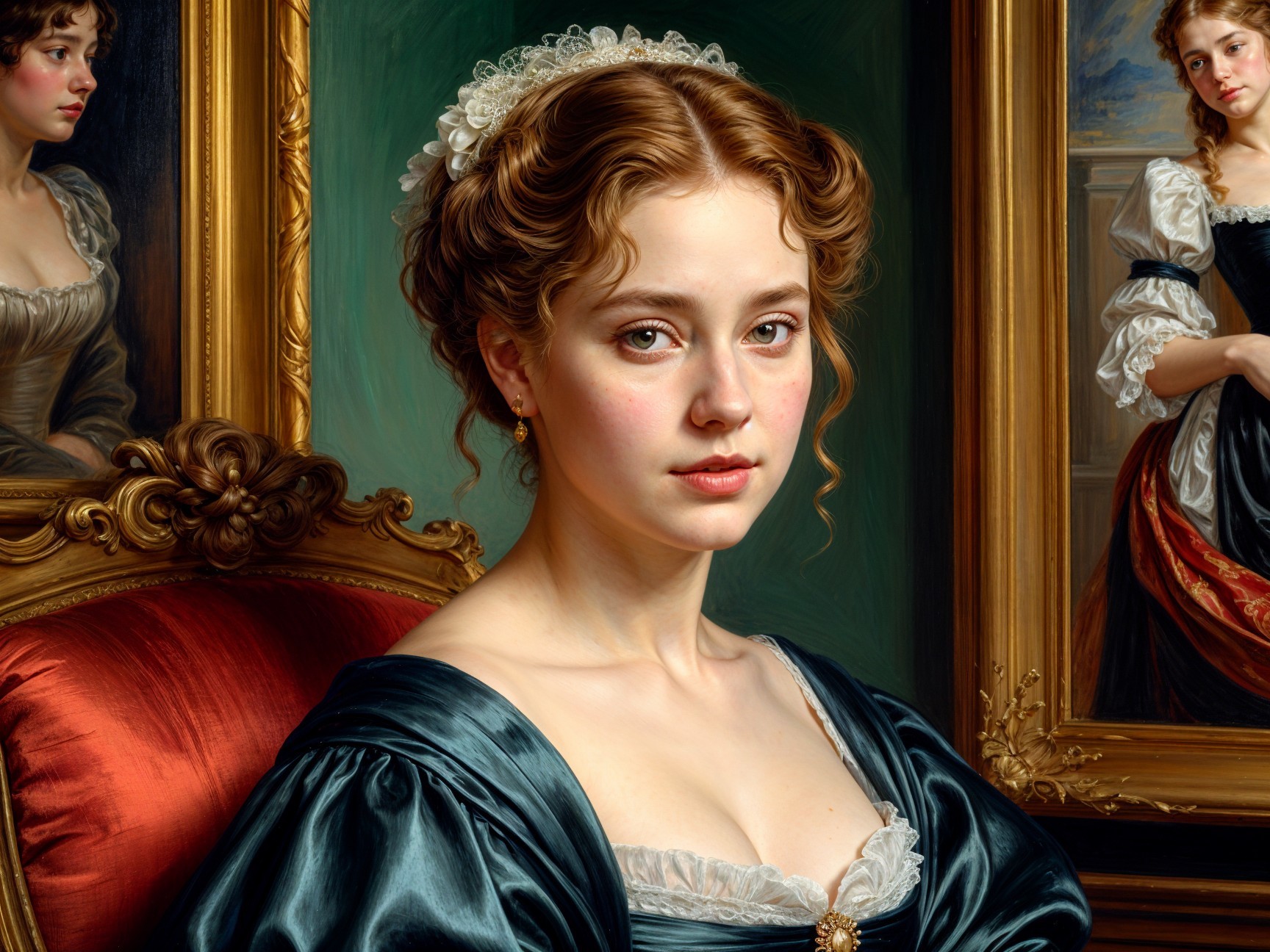 Young Woman in Blue Gown in Elegant Historical Setting
