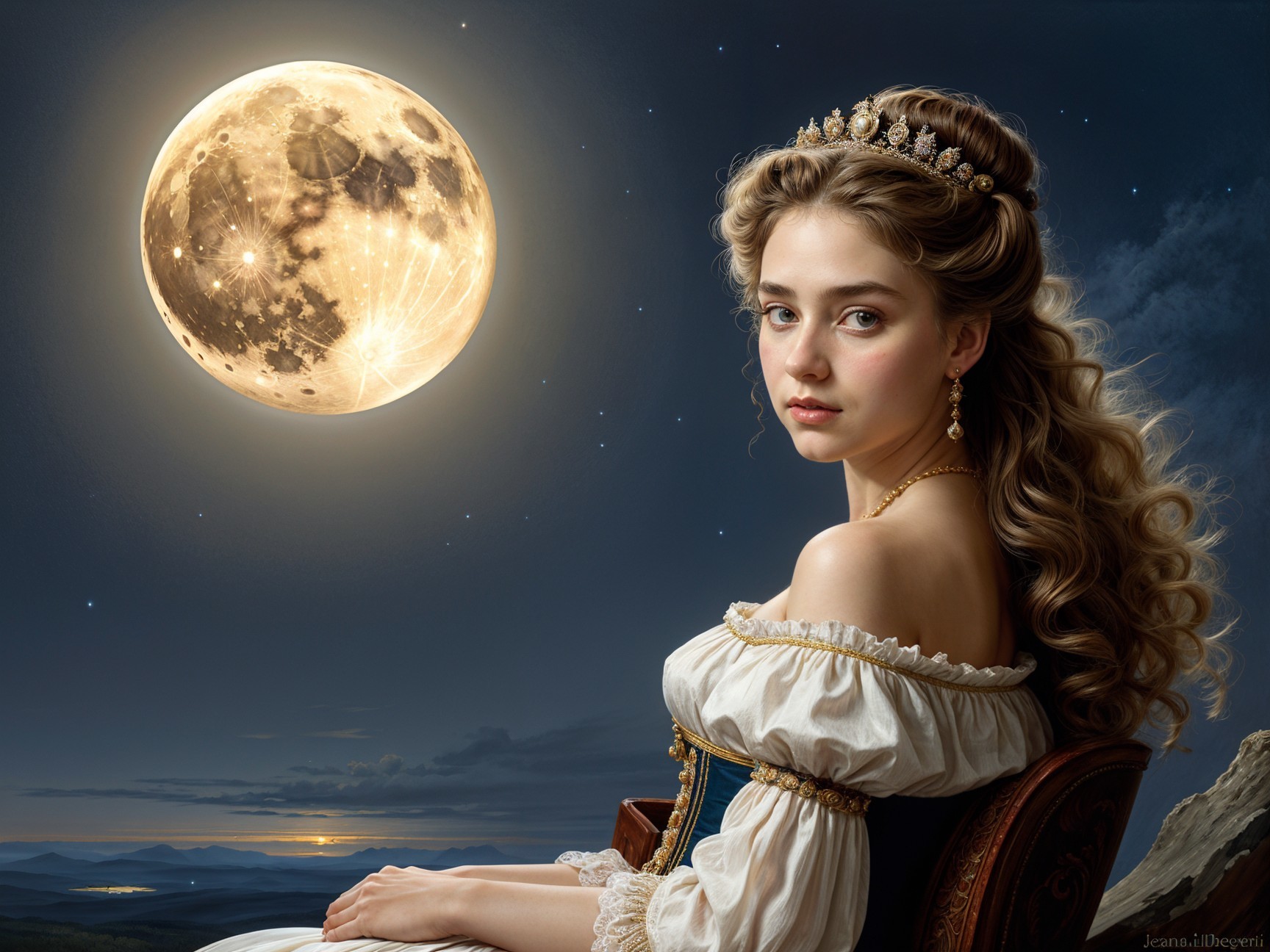 Young woman in vintage gown under luminous moonlight