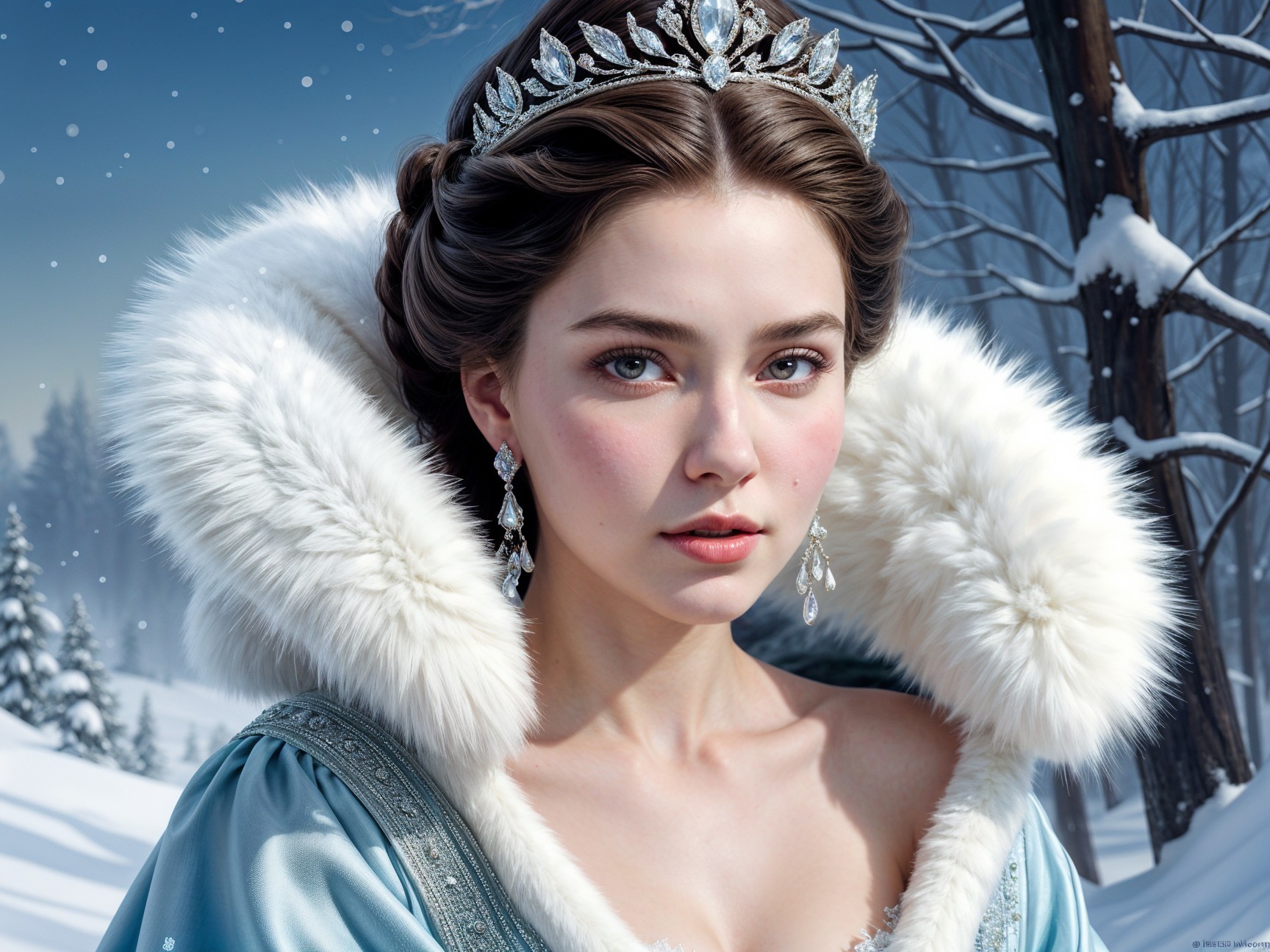 Young woman in blue gown in snowy landscape