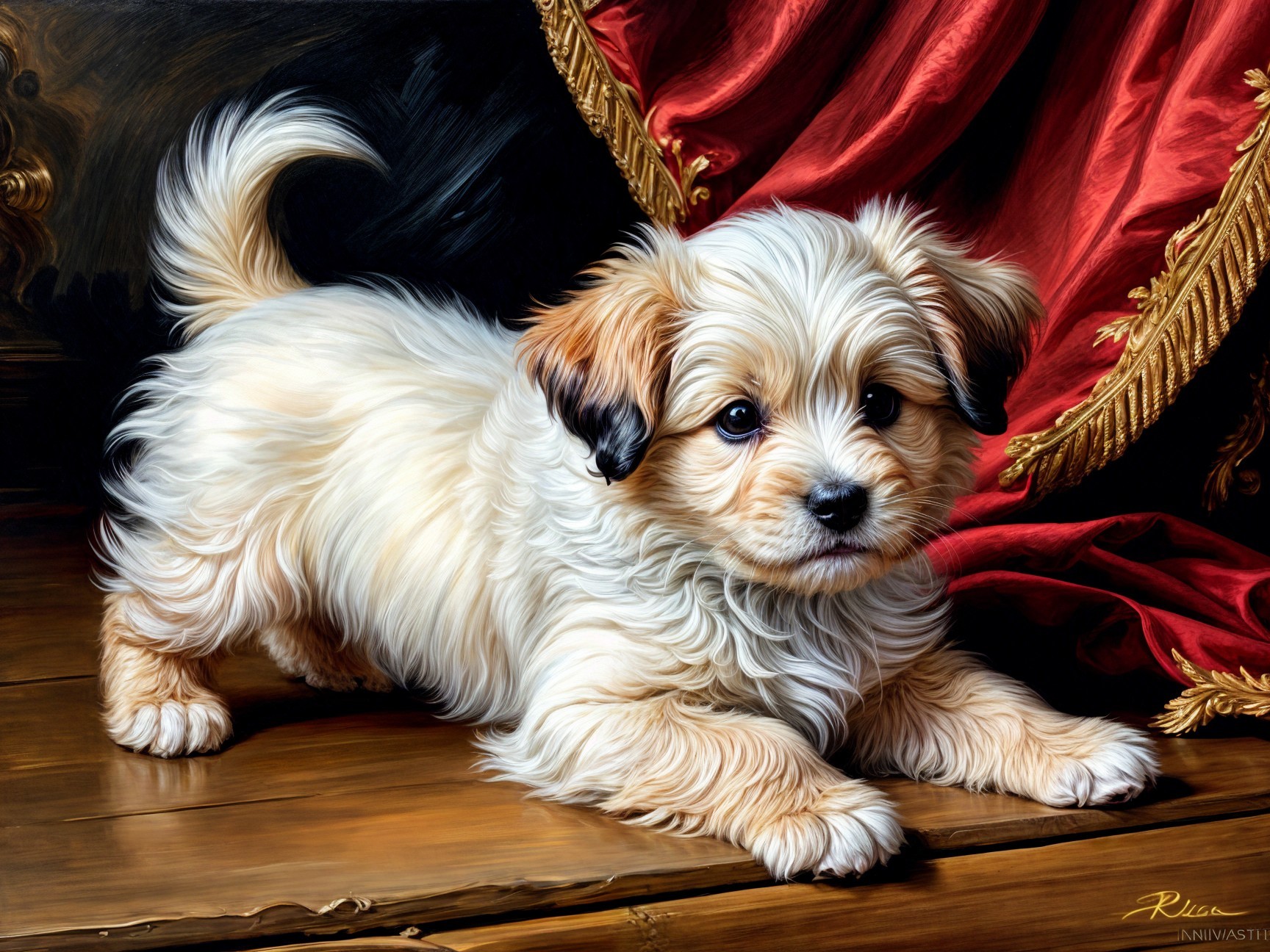 Fluffy Golden-Haired Puppy on Wooden Surface