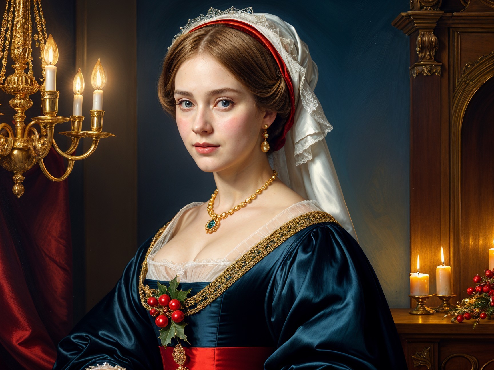 Elegant Historical Attire with Festive Touch and Ambiance