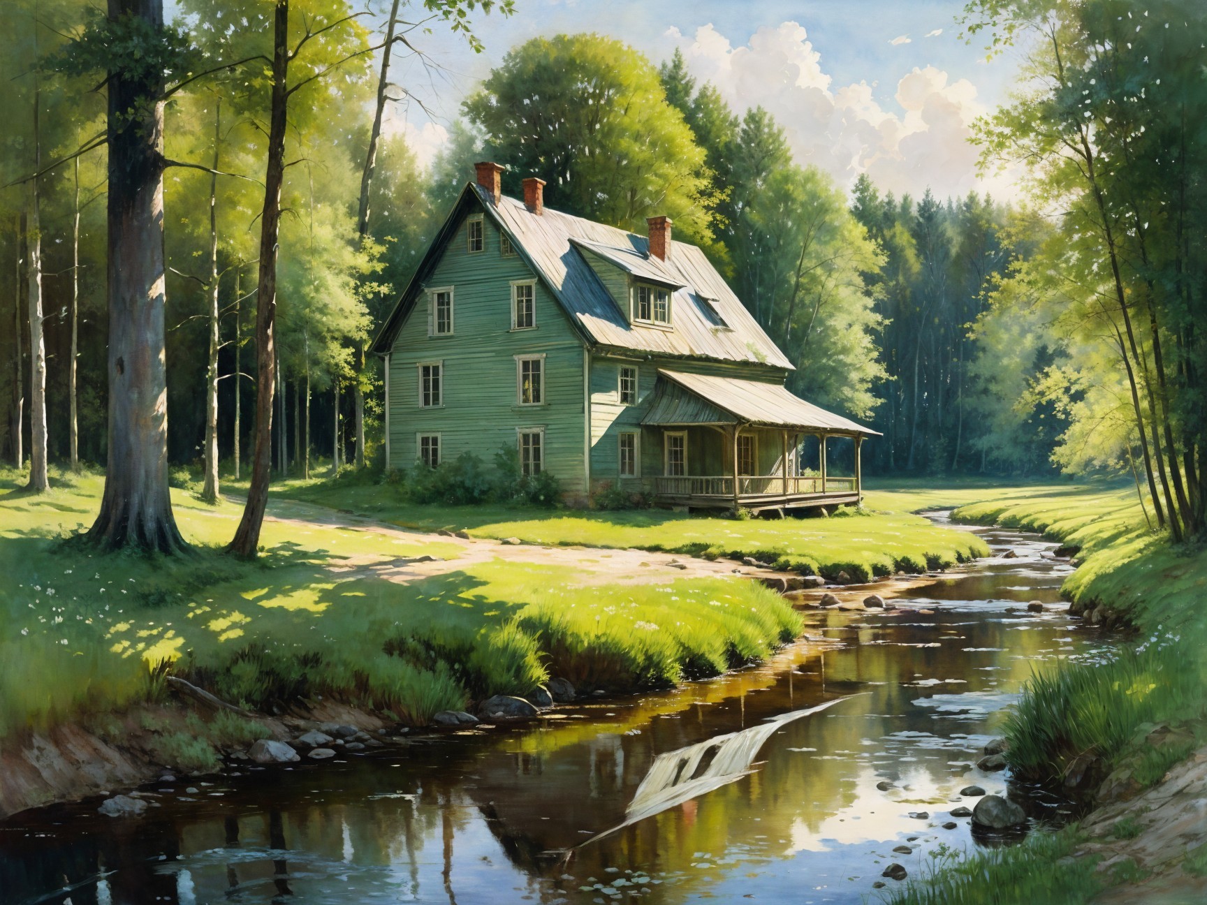 Picturesque Green House by a Serene Stream