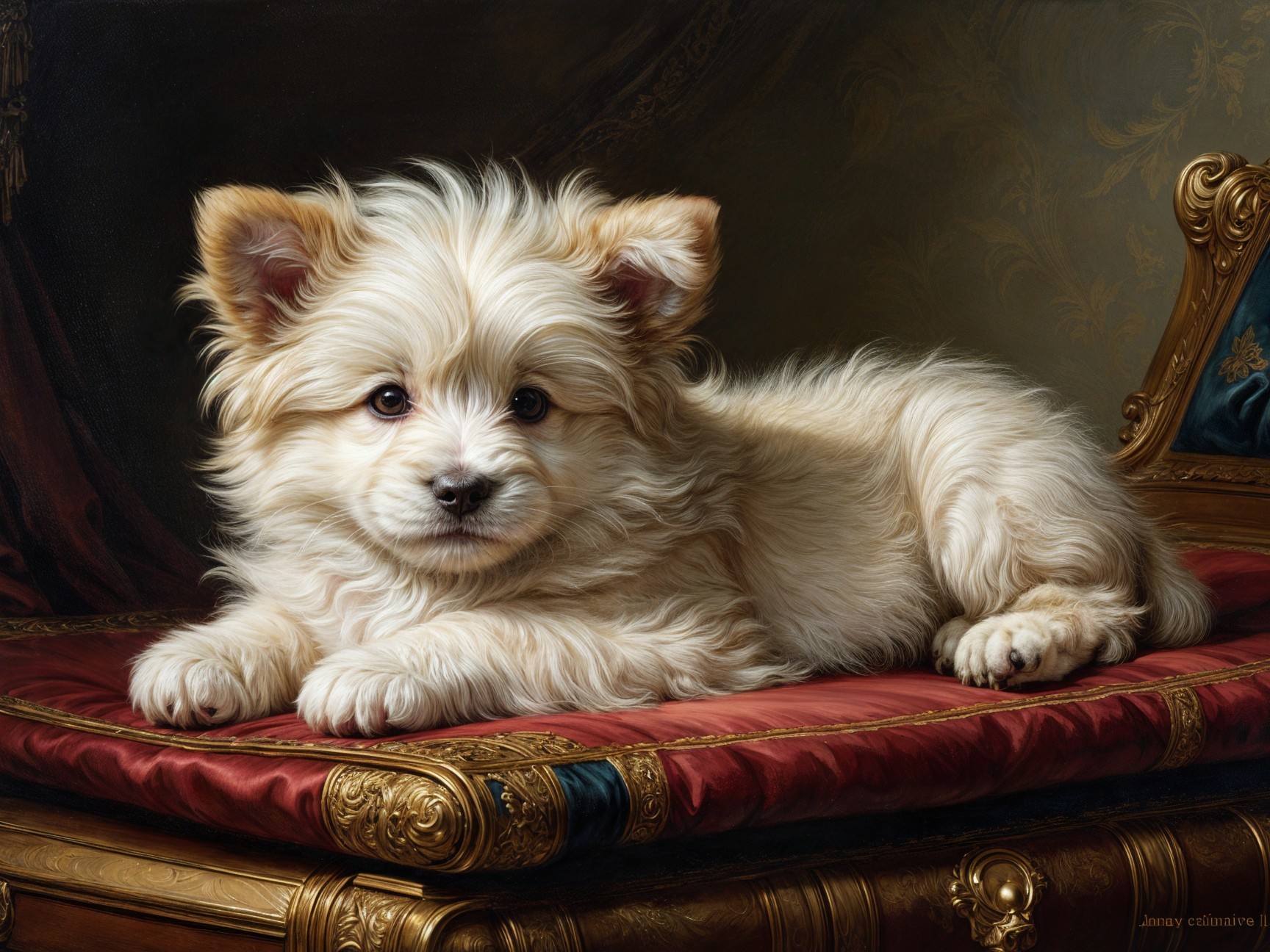 Cream-colored puppy on a velvet cushion with ornate designs