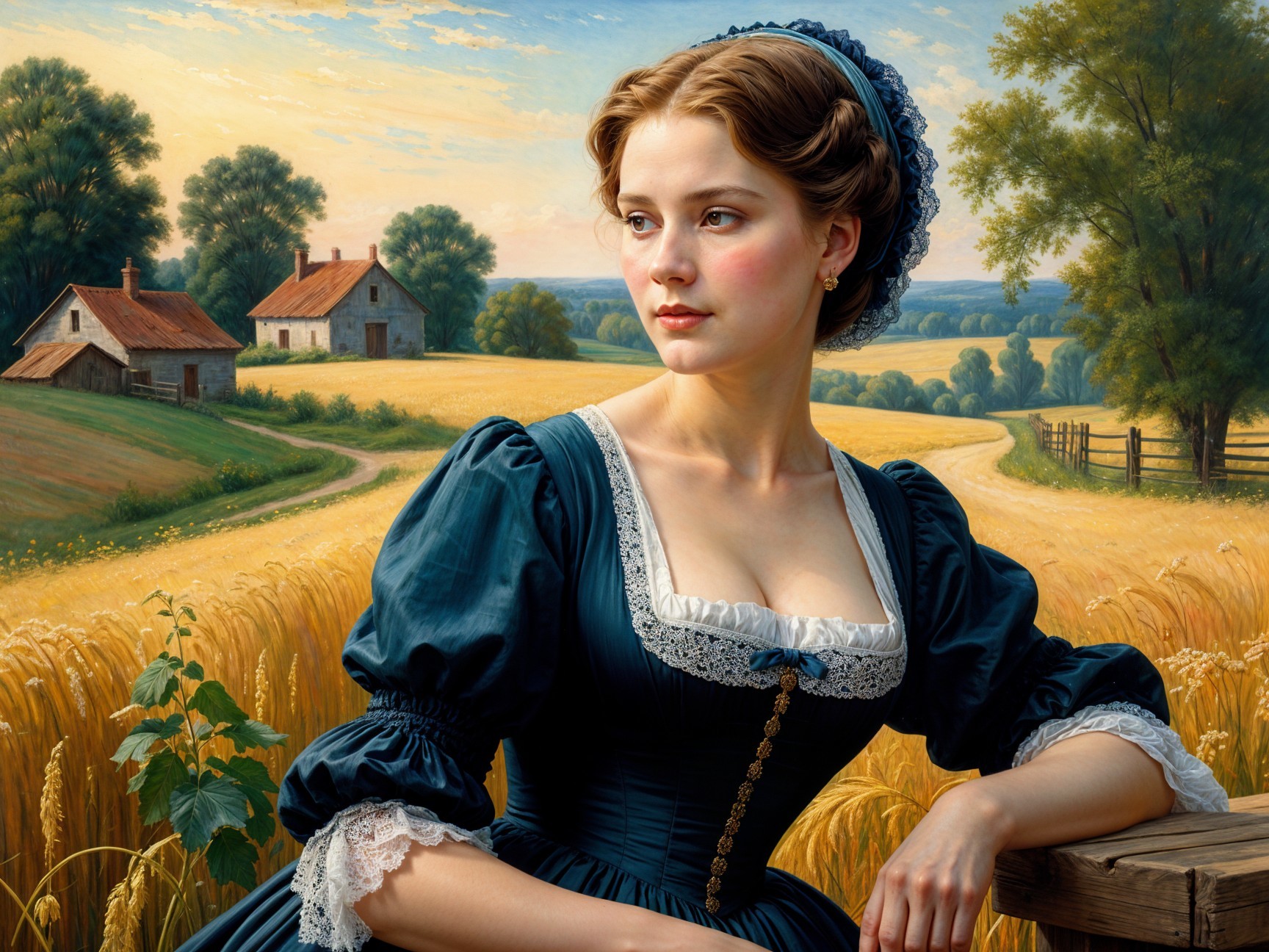 Young woman in blue dress in serene rural landscape