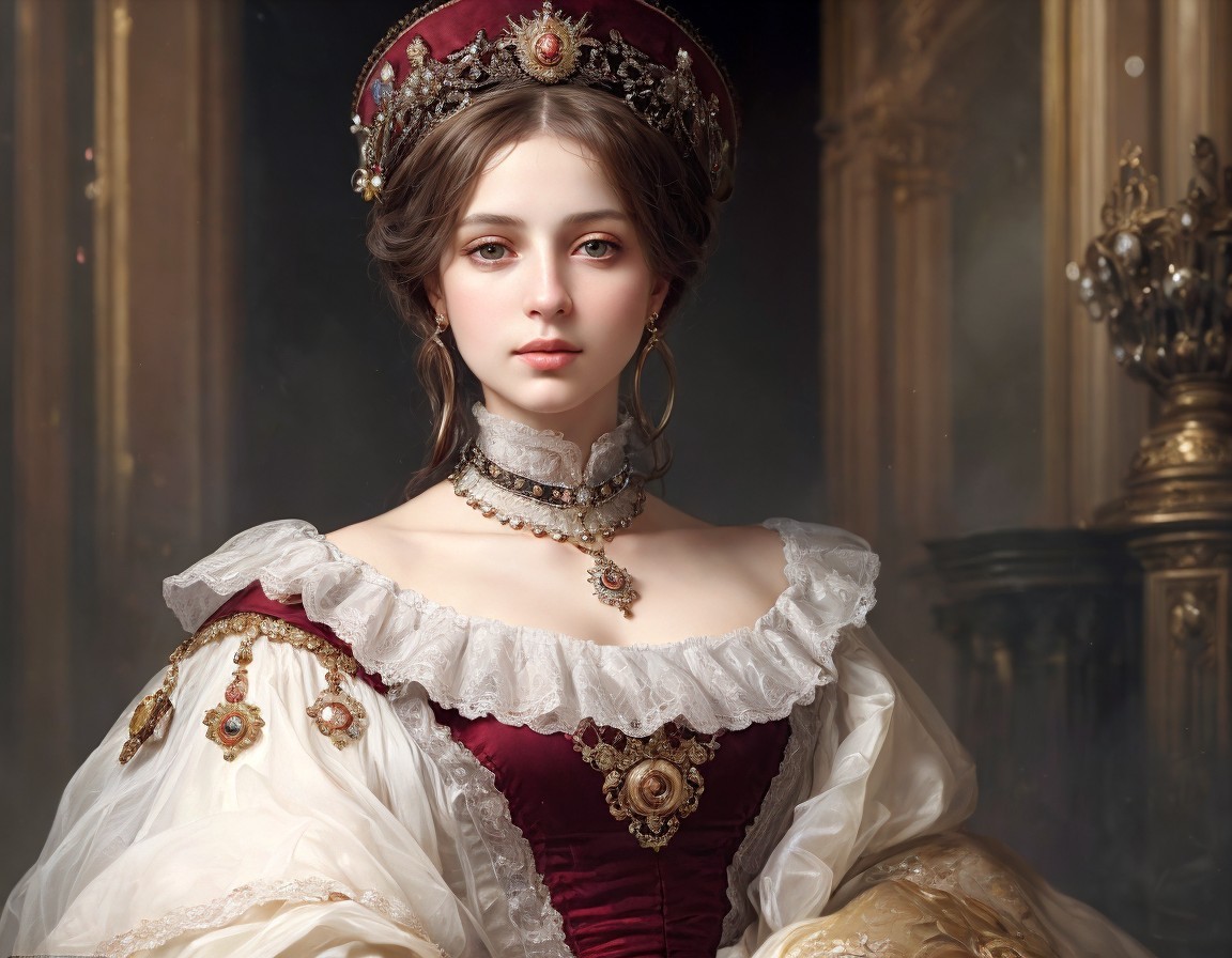 Young woman in historical royal gown with jeweled crown exudes elegance