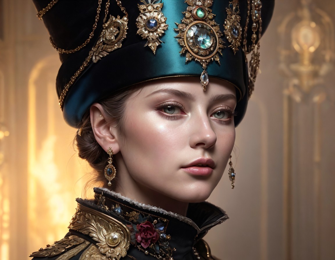 Woman in Decorative Military Hat and Gemstone Jacket