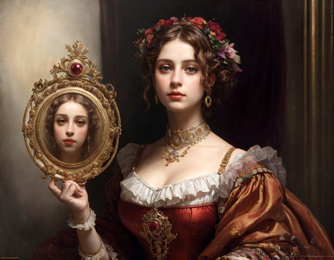 Woman with Floral Wreath and Reflective Mirror