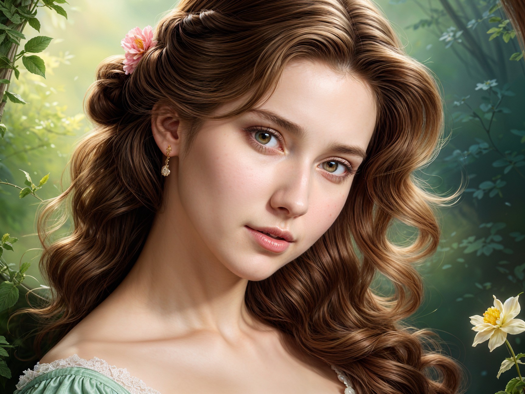 Young woman in pastel gown with floral backdrop