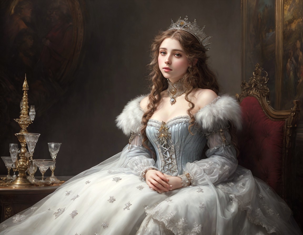 Luxurious blue and white gown with fur accents on regal young woman sitting amidst opulent decor