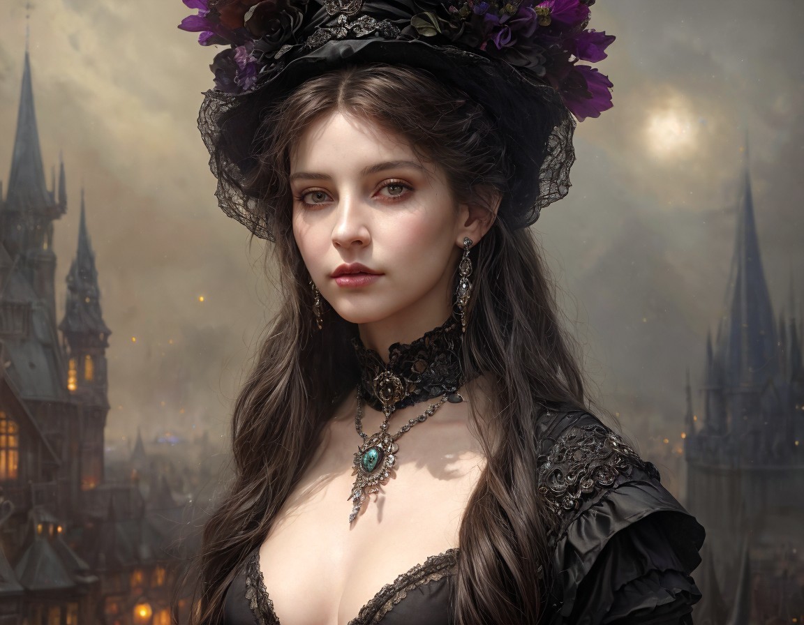 Victorian-era Woman in Black Dress with Lace and Purple Flower Hat Against Industrial Gothic Architecture