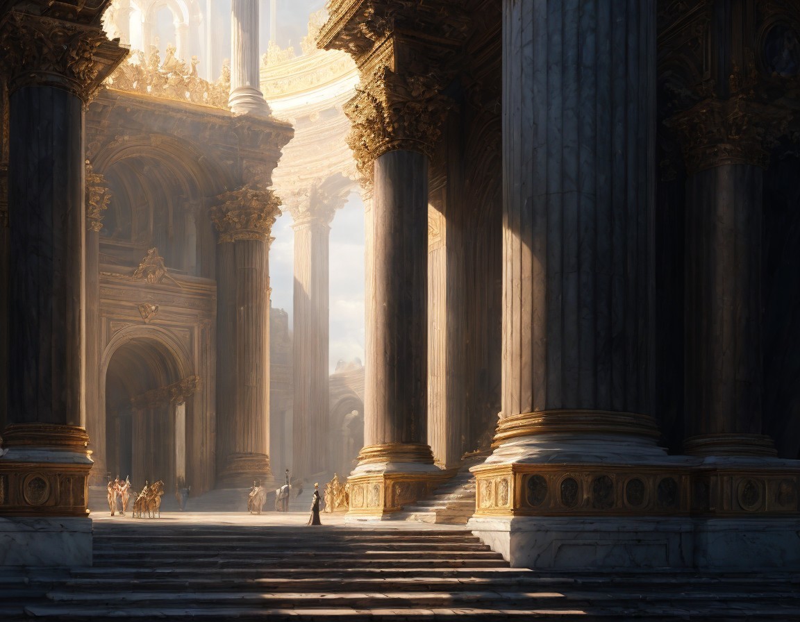 Spacious sunlit hall with towering columns and figures walking.