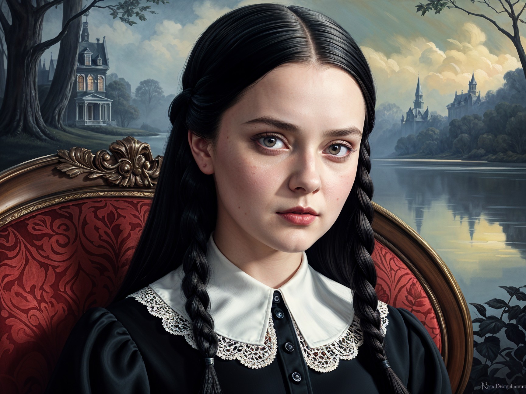 Young girl in black dress seated in ornate red chair