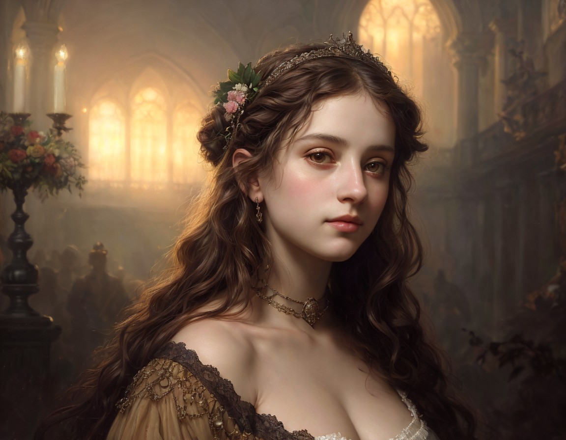 Ethereal portrait of woman with floral crown and intricate dress