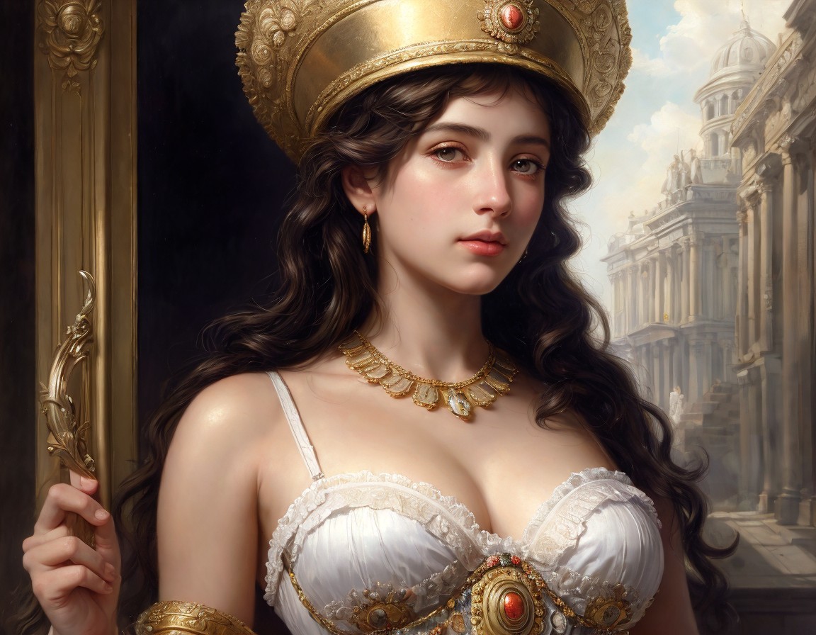 Classical portrait of a woman with golden jewelry and headdress, holding a scepter, against ancient