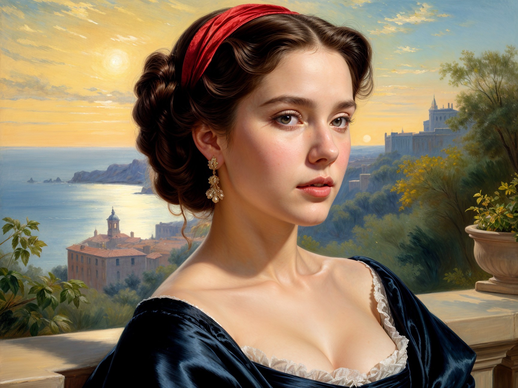 Young Woman in Blue Dress Against Serene Landscape