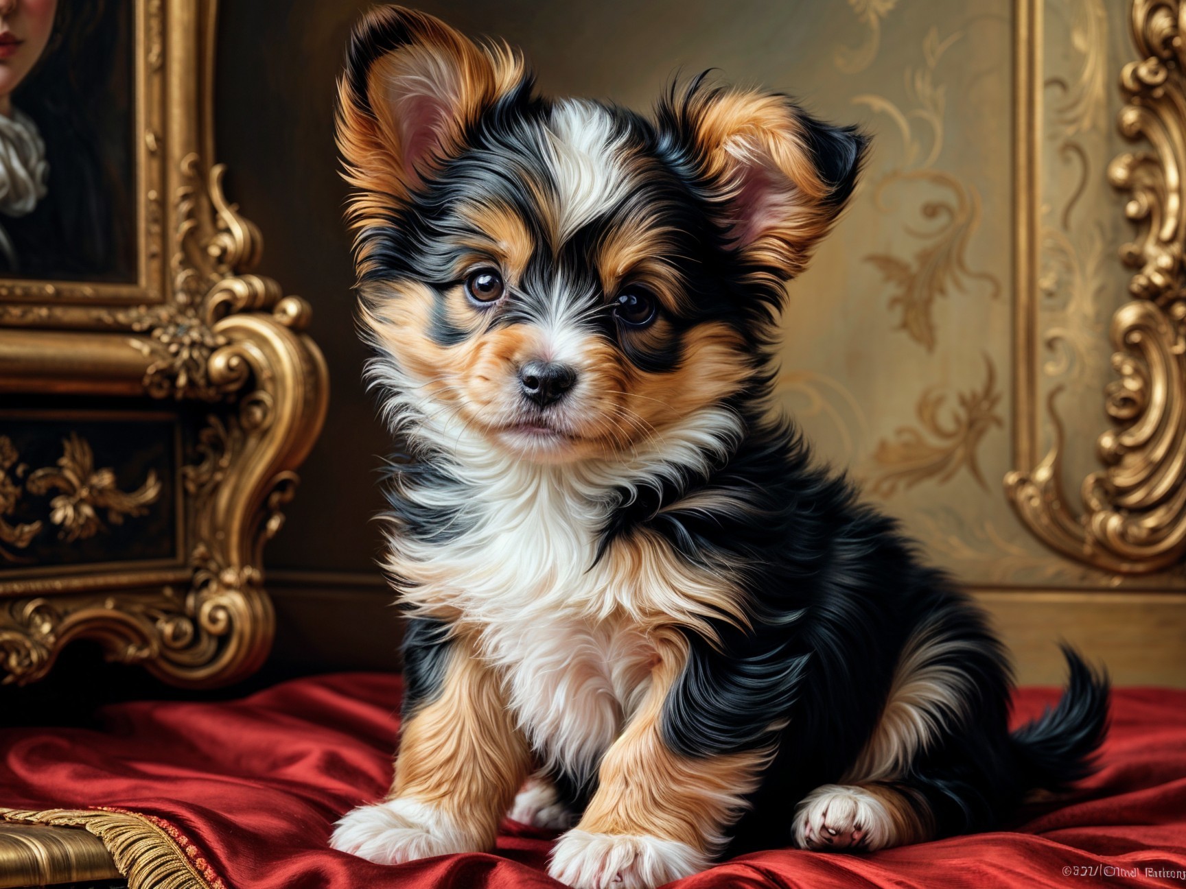Fluffy Puppy on Red Cloth with Gold Decor Background