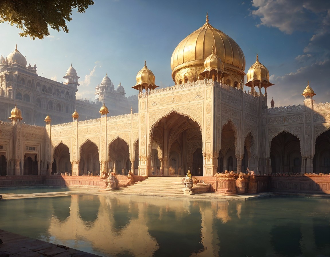 Ornate palace with golden domes and tranquil pool in soft sunlight