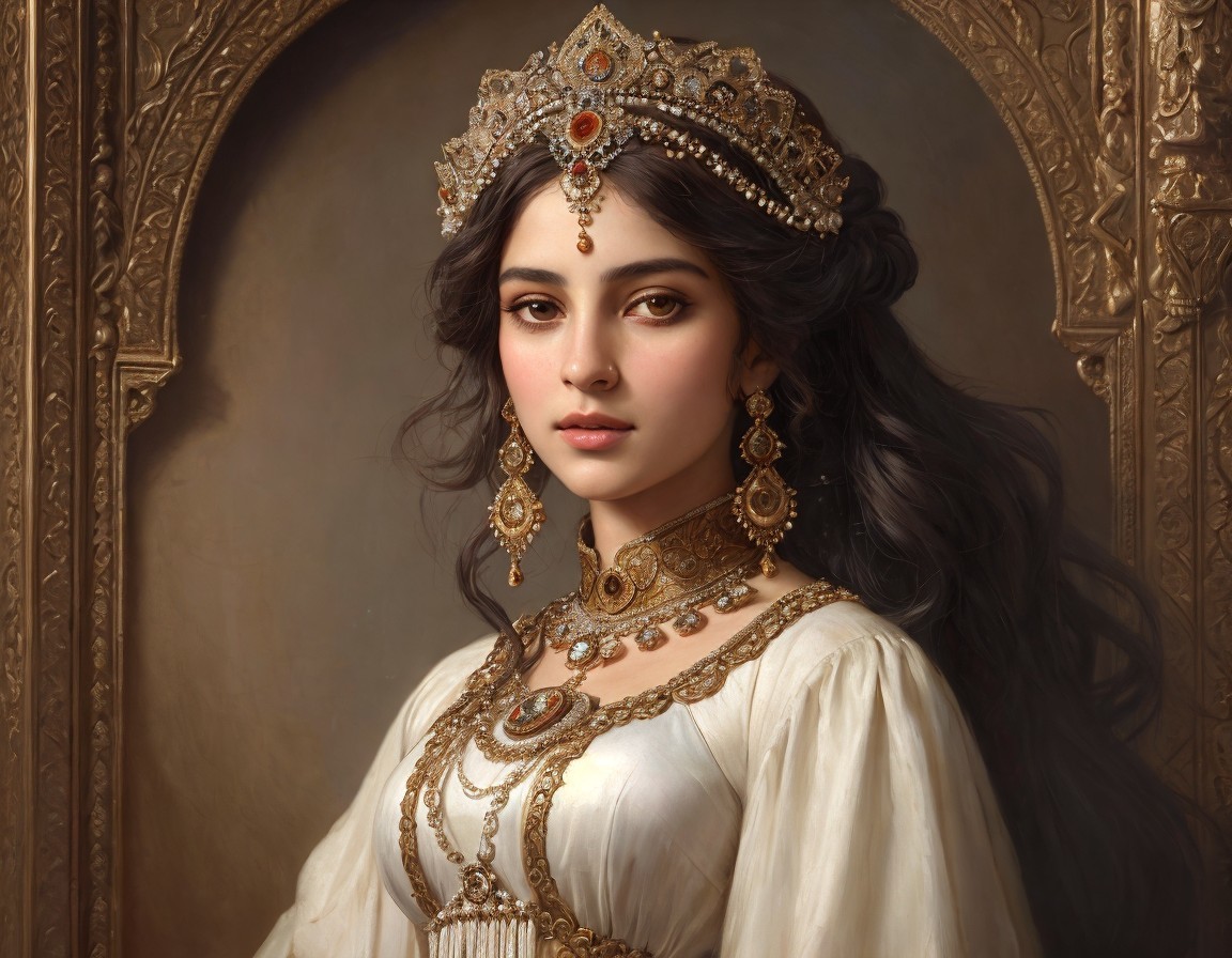 Regal Woman in Jewelry with Elegant Gown and Crown