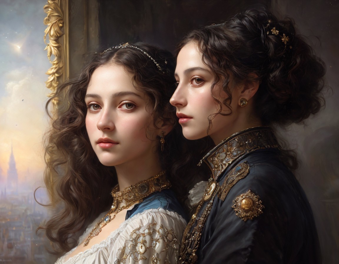 Elegant Women in Historical Attire with Elaborate Hairstyles