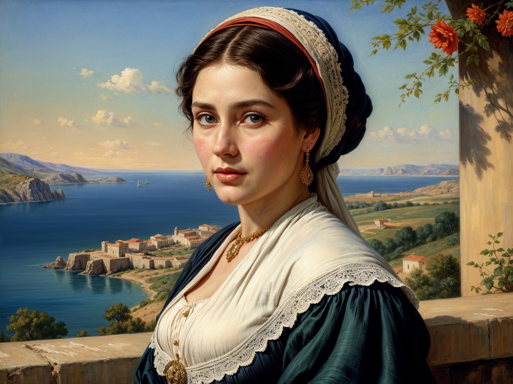 Young Woman in Elegant Dress by Serene Coastal Landscape