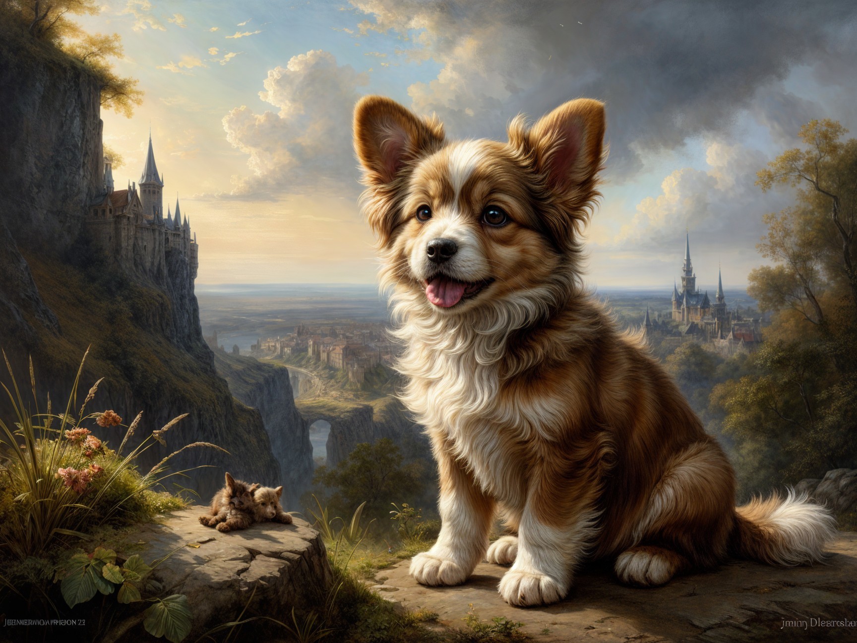 Fluffy Corgi in a Scenic Castle Landscape