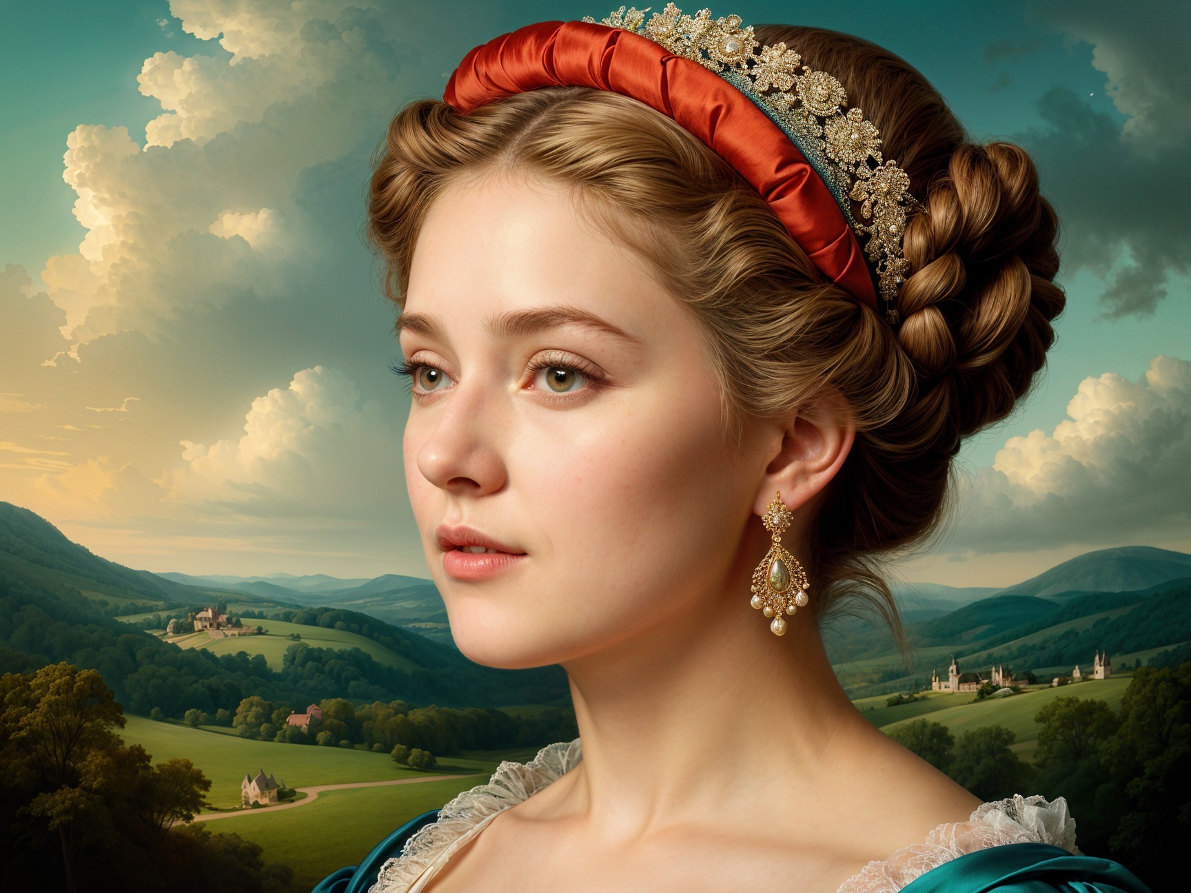 Elegant Young Woman with Vibrant Headband in Landscape