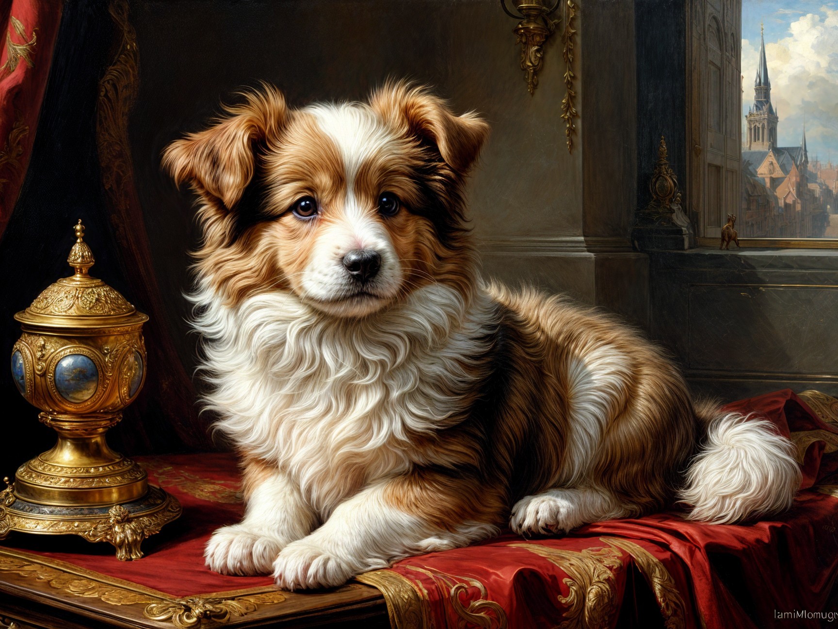 Fluffy dog on red fabric with elegant backdrop