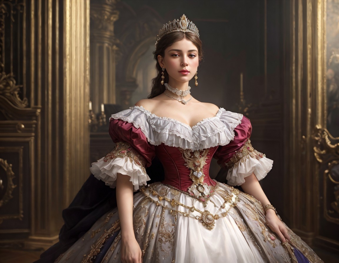 Vintage ball gown with tiara and necklace in opulent room