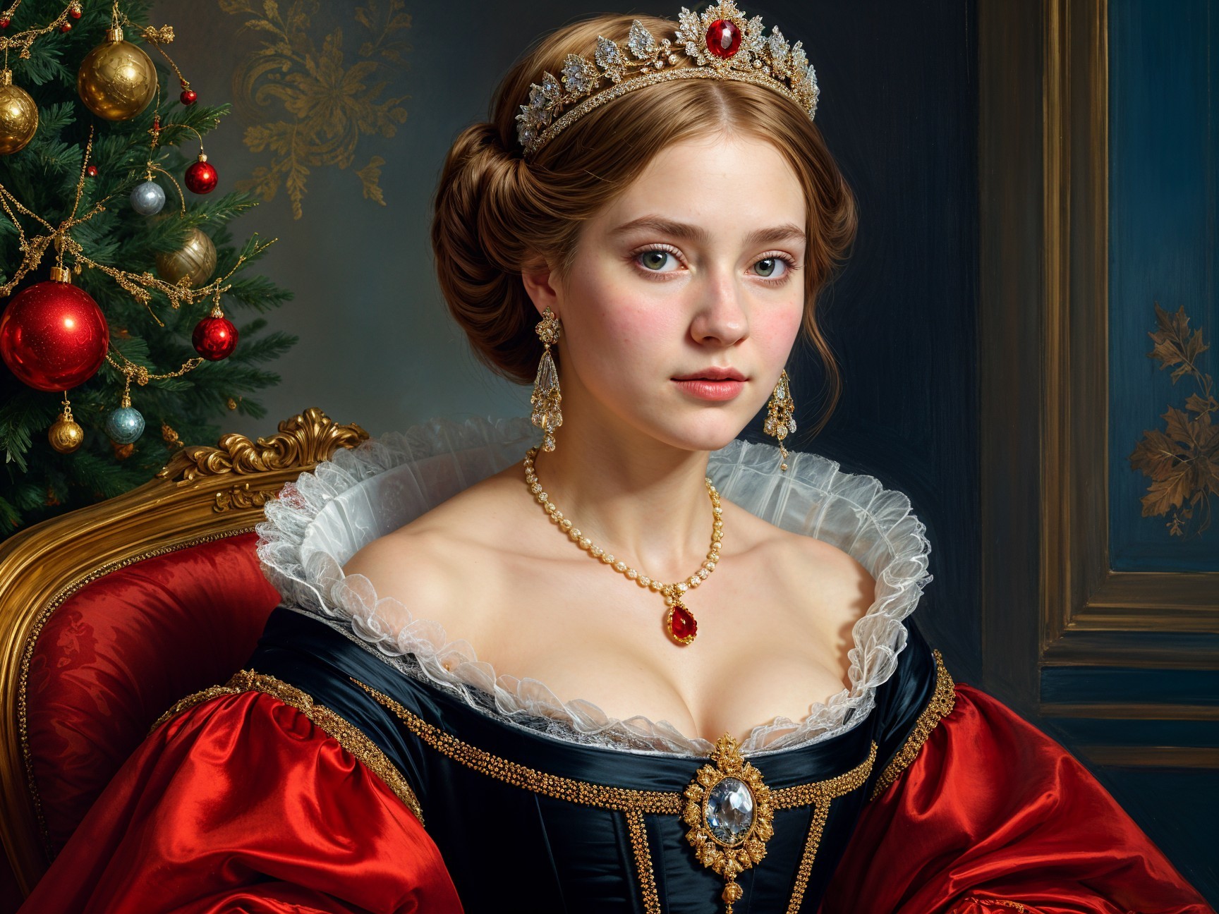 Elegant Woman in Opulent Dress by Christmas Tree