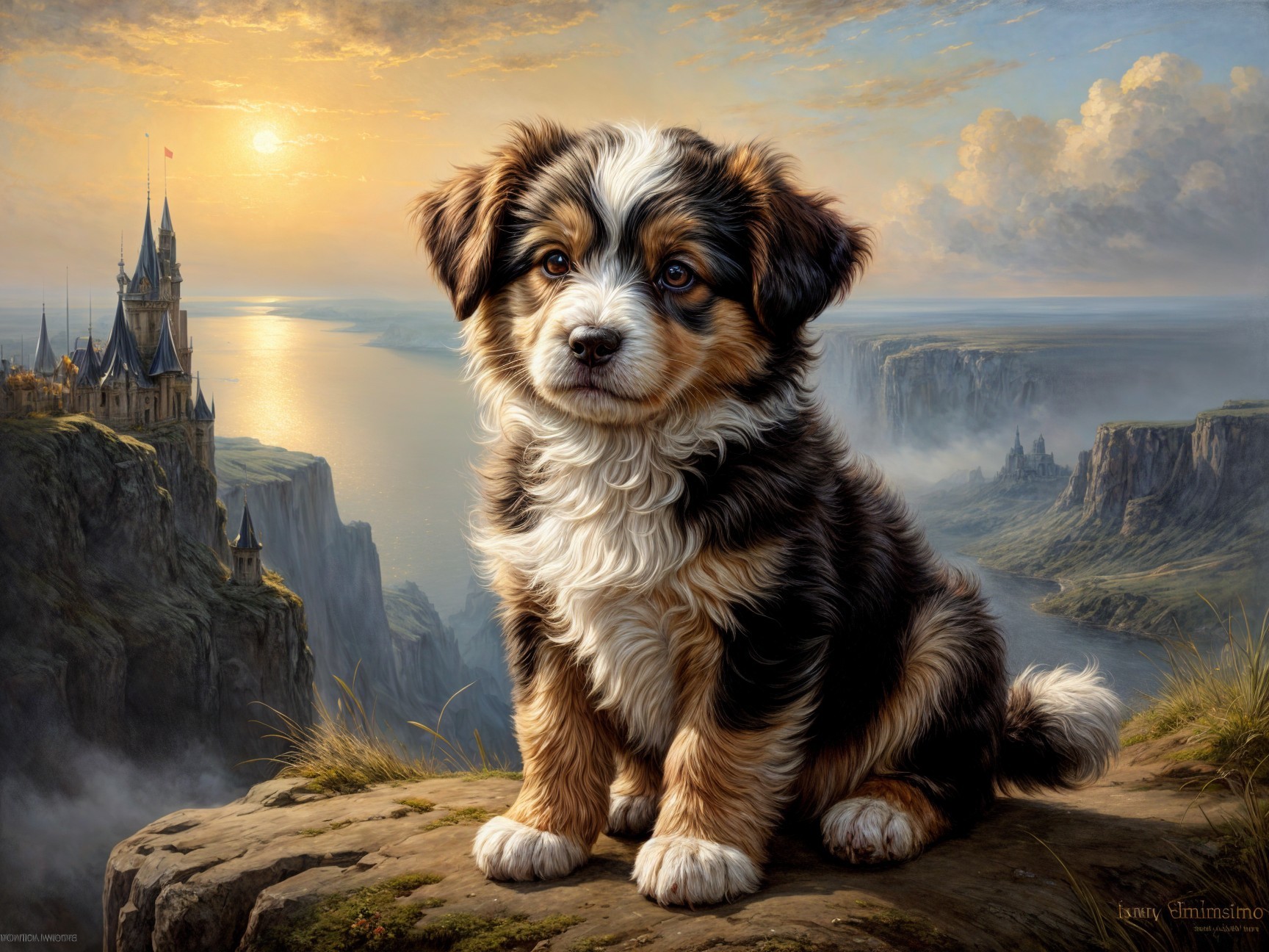 Fluffy Puppy on Rocky Ledge Overlooking Scenic Landscape