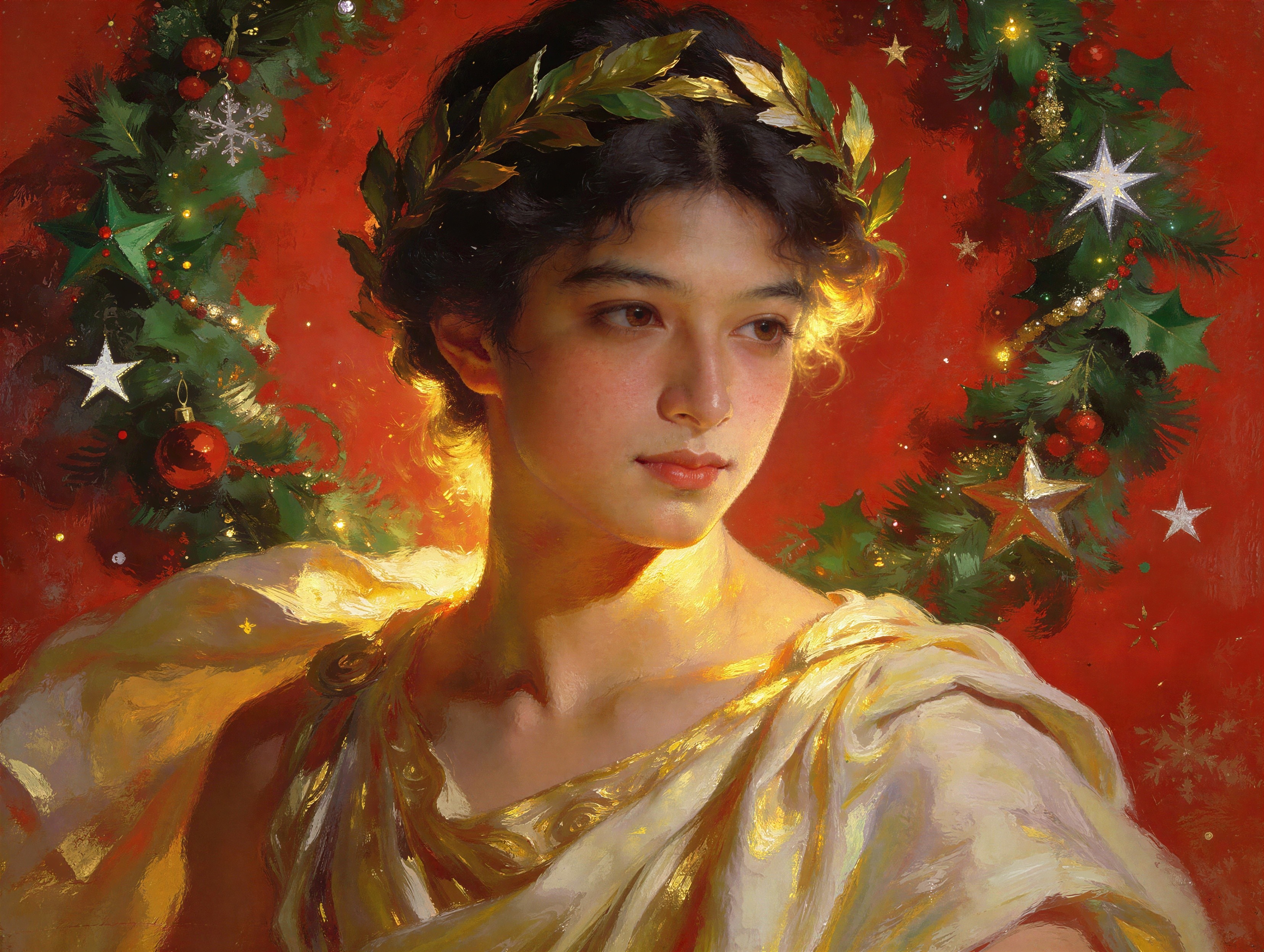 Oil Painting of Woman in Golden Dress with Laurel Wreath