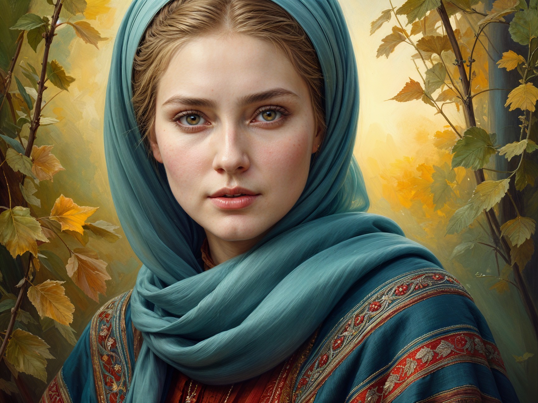 Young Woman in Traditional Attire with Green Eyes