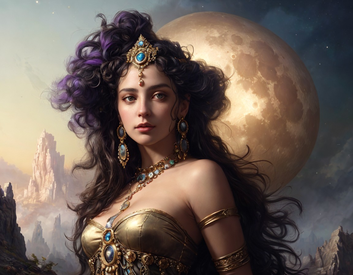 Ethereal woman with ornate jewelry and curly hair in fantasy landscape.
