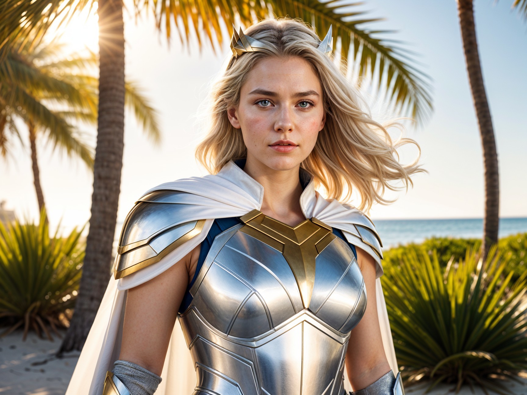 Warrior in Armor at Tropical Beach During Sunset