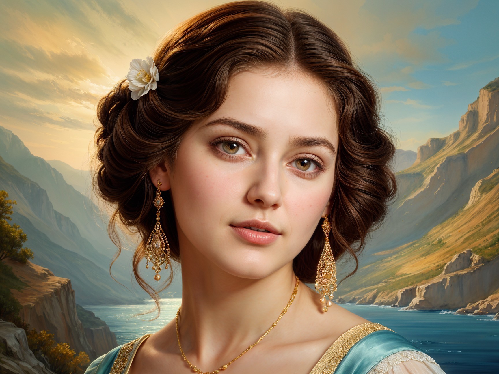 Young Woman in Blue Dress with Serene Landscape