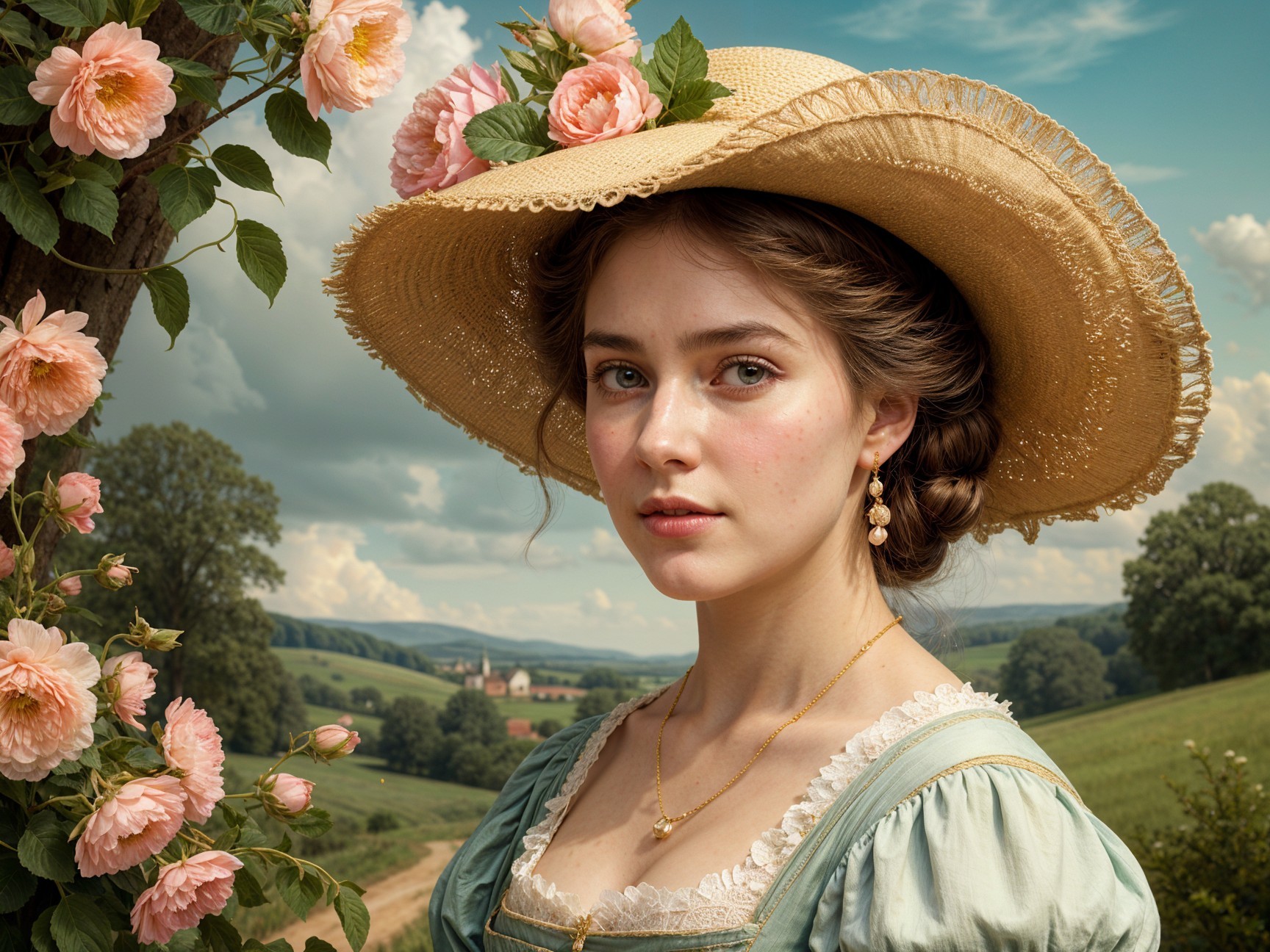 Young Woman in Blue Dress Among Blooming Roses